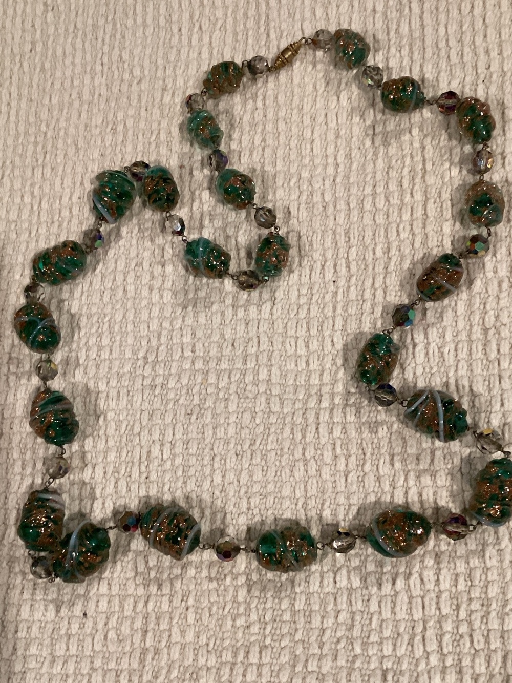 Green Glass Bead Necklace with Gold Accent Detailing